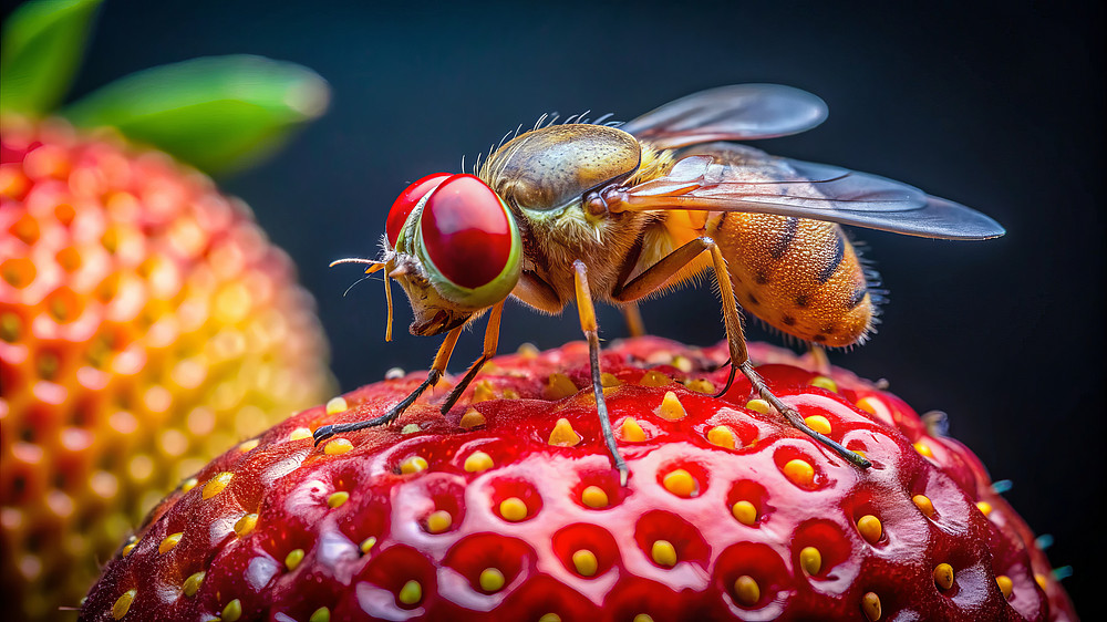 A small, pesky fruit fly perches on the rim of a juicy, ripe strawberry, its compound eyes reflecting the sweet temptation of the fresh fruit 