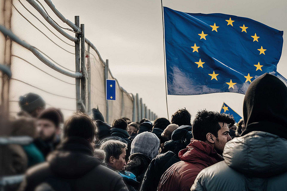 Menschen an Grenze mit EU-Fahne 