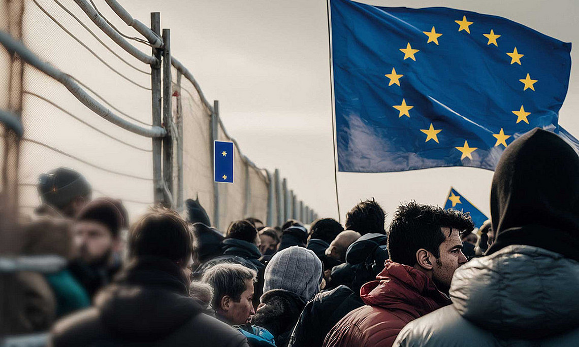 Menschen an Grenze mit EU-Fahne