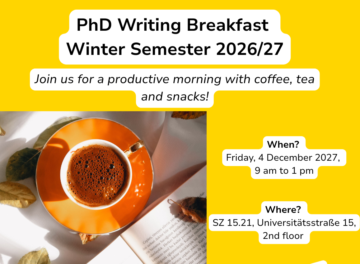 A flyer with a coffee mug and an opened book. the flyer contains detailed information on the upcoming writing breakfast ©Uni Graz