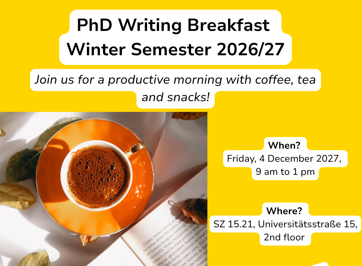 A flyer with a coffee mug and an opened book. the flyer contains detailed information on the upcoming writing breakfast 
