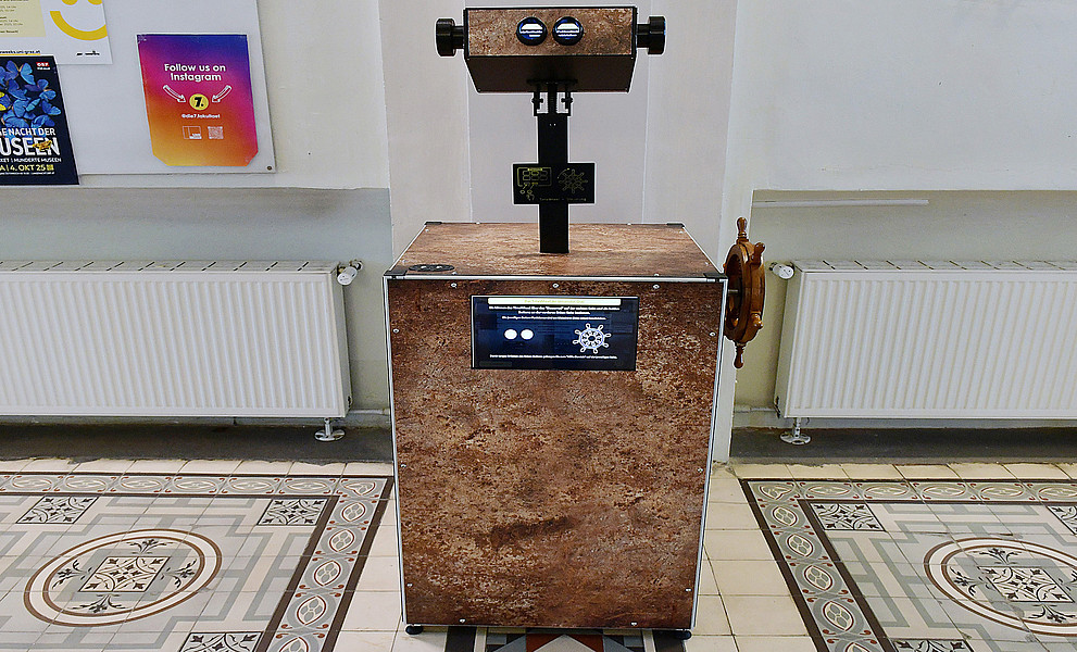 das Zeitrad, ein Kasten aus Metall mit einem Okular, einem Rad zum Drehen an der Seite, zwei Knöpfen und einem Display vorne