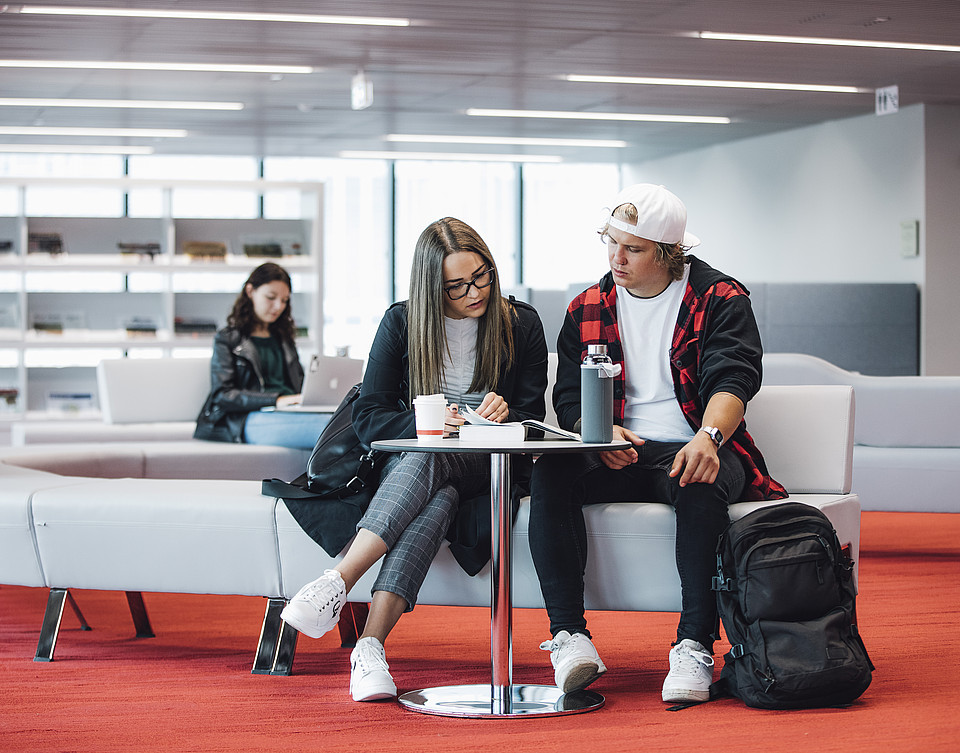 Eine Studierende und ein Studierender lernen gemeinsam an einem Tisch in einem Lernraum der Universitätsbibliothek Graz.