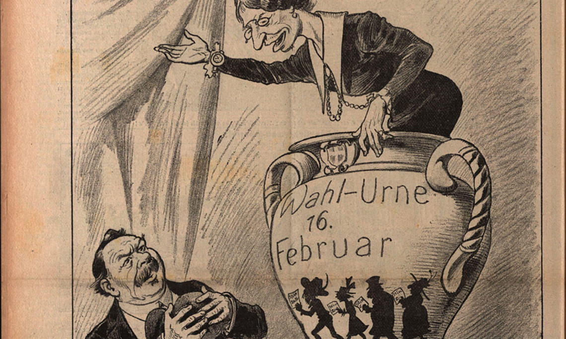 Der erste Urnengang für Frauen am 16. Feber 1919 war ein Meilenstein in der Geschichte. So sah ihm das Wiener Satiremagazin Kikeriki entgegen. Quelle: ÖNB