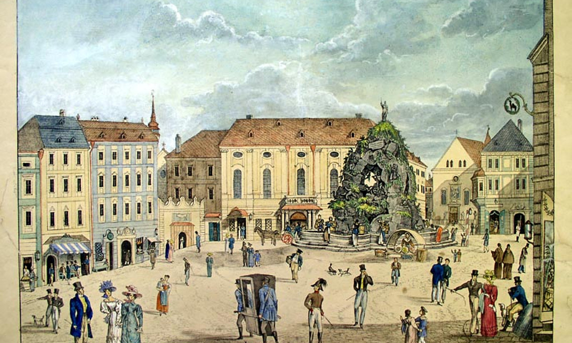 Franz Richter: Der Parnass auf dem Krautmarkte, 1827 (Blick auf die Redoute, Museum der Stadt Brünn, Inv.nr. 2245)