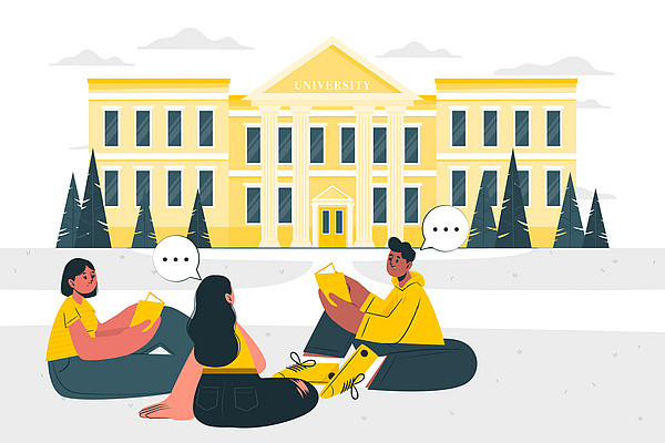 Vektorgrafik von Studierenden, die gemeinsam vor der Uni sitzen (dekorativer Zweck)