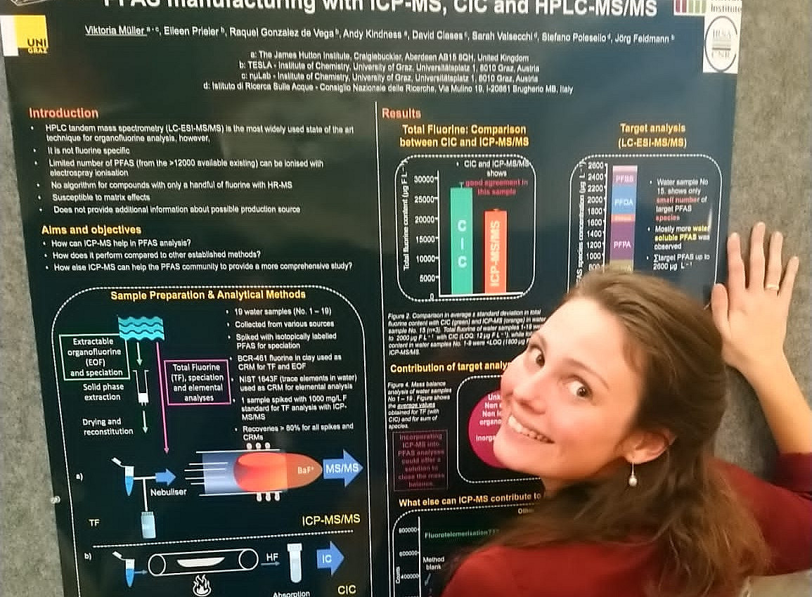 Viktoria shows off her award winning poster about PFAS in the effluent of a PFAS factory in Italy. 