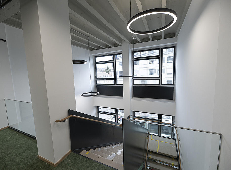 Helles Treppenhaus mit großen Fensterfronten und modernem Design: Eine Treppe mit Glasgeländer führt nach unten, von der Betondecke hängen runde Ringlampen, der Boden im oberen Bereich ist mit grünem Teppich ausgelegt. ©Uni Graz/Tzivanopoulos