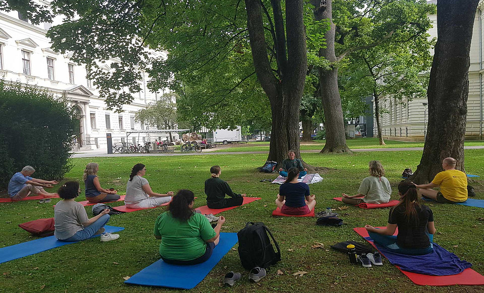 Mehrere Erwachsene sitzen auf bunten Yogamatten im Schneidersitz in einem Park unter Bäumen, eine Person vorne leitet die Gruppe an.