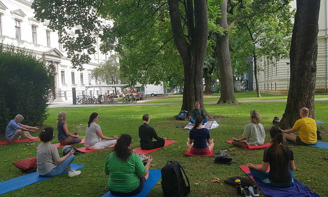 Mehrere Erwachsene sitzen auf bunten Yogamatten im Schneidersitz in einem Park unter Bäumen, eine Person vorne leitet die Gruppe an.