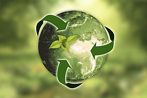 A green globe in front of blurry green background. The recycle arrows surround the globe.