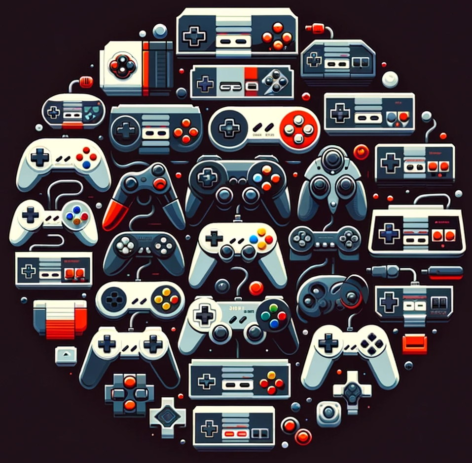 Multiple controllers for different video game systems ©DALL-E