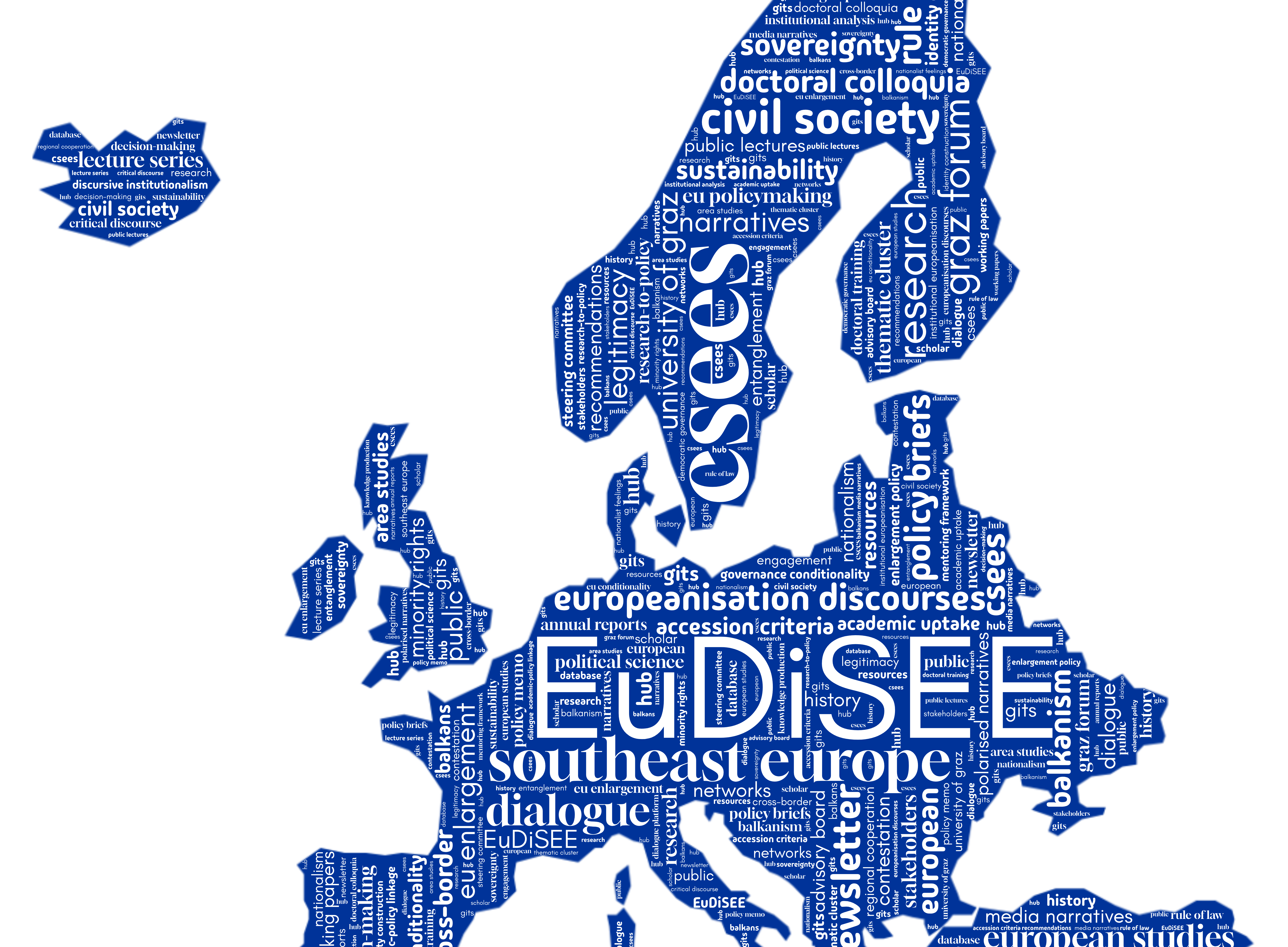 A blue word-cloud map of Europe with “EuDiSEE” and terms about Southeast Europe, dialogue, civil society, and European studies. 