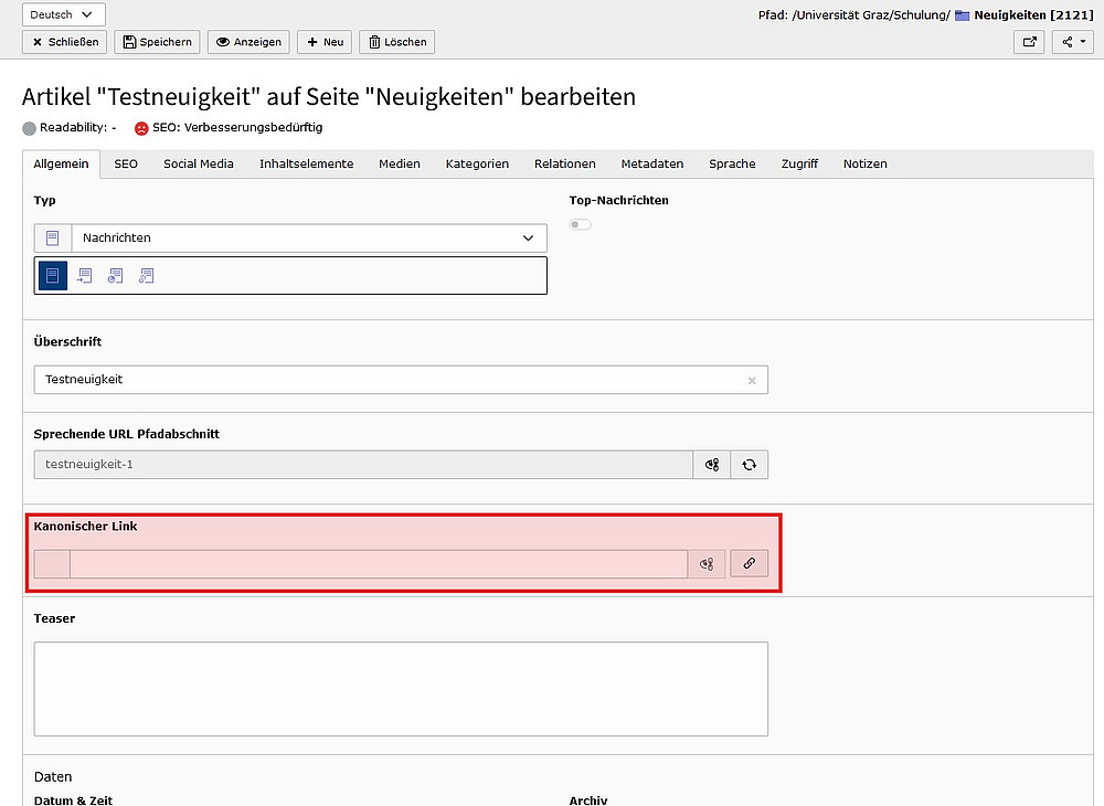 Kanonischen Link eintragen