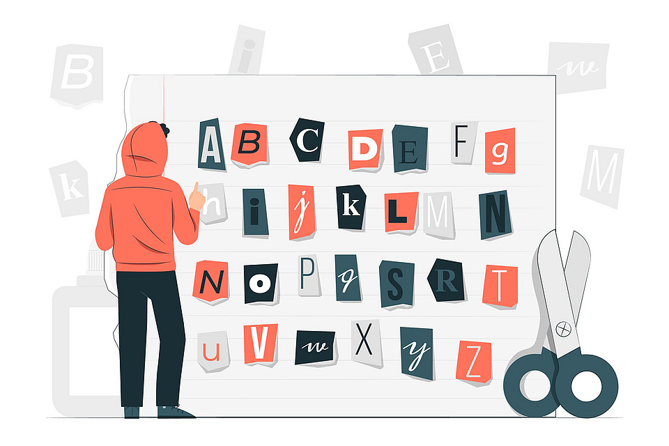 Vektorgrafik einer Person, die vor einem Notizzettel in Übergröße steht, auf dem das Alphabet abgebildet ist (dekorativer Zweck)