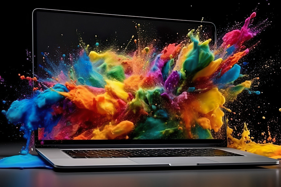 Laptop Screen Splattered with Colorful Paint, a Fusion of Art and Technology, generative Ai