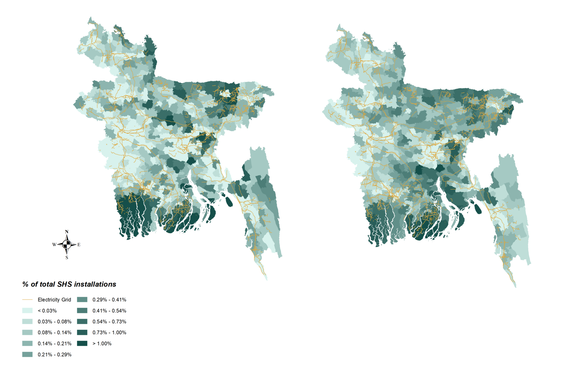 Distribution of the share of solar home system installations across thanas over time. ©Uni Graz/Borsky