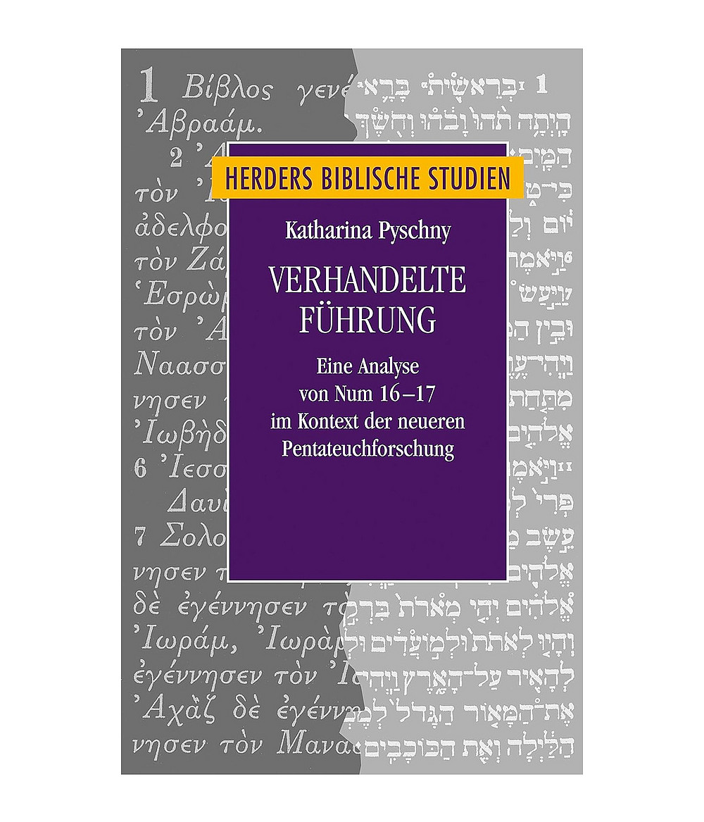 Cover des Buches "Verhandelte Führung", violetter Kasten indem der Buchtitel steht auf grauem Hintergrund, der wie eine Bibelseite (hebräisch, griechisch) aussieht ©Herder