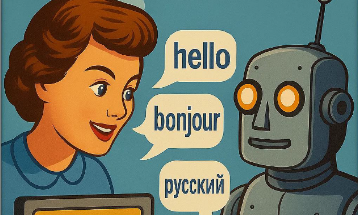 Retro-style Bild von einem Roboter, einem PC und einer Frau, die sich mehrsprachig unterhalten (Sprechblasen)