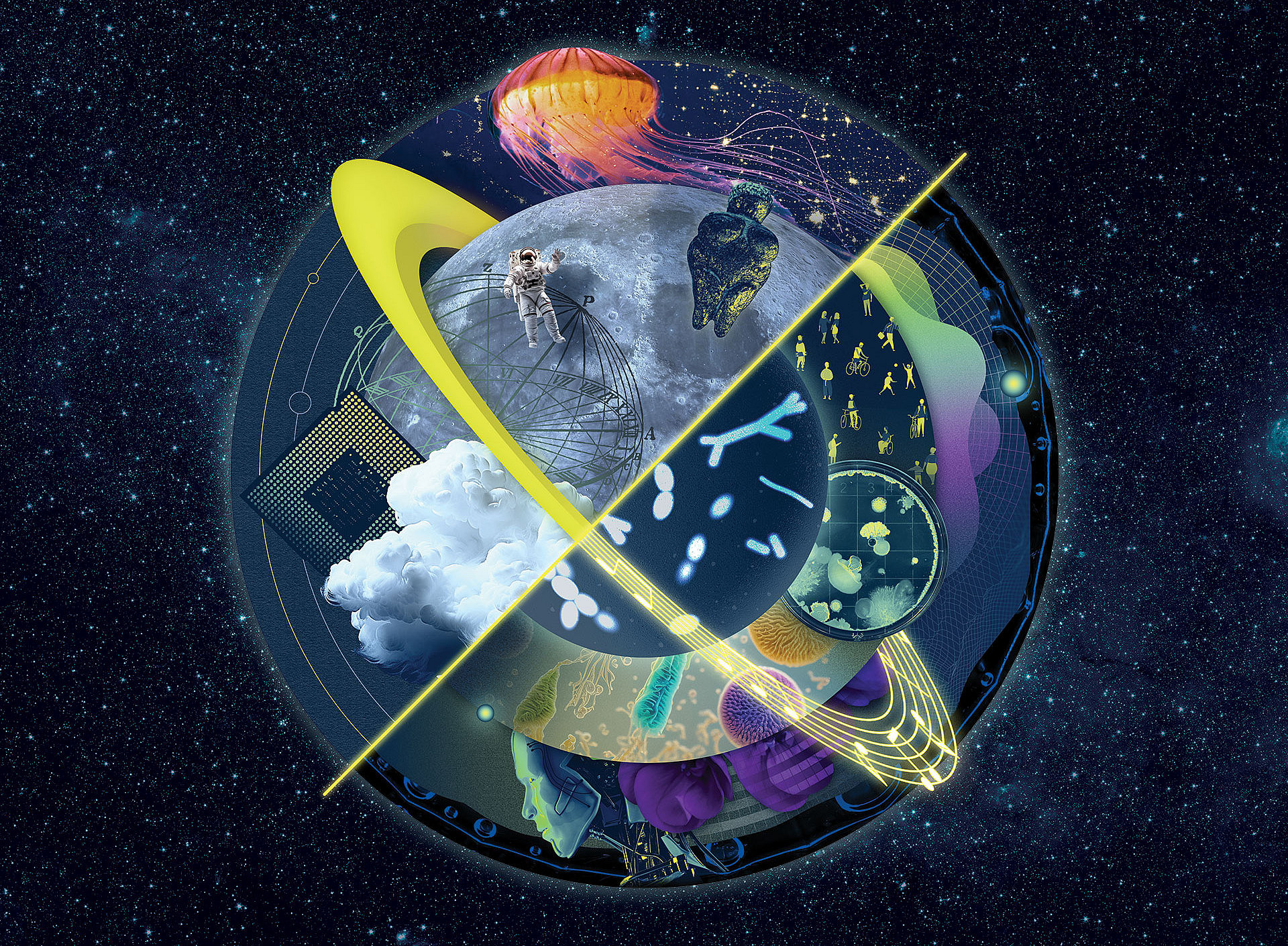 Sujet Lange Nacht der Forschung: viergeteilte Weltkugel mit verschiedenen wissenschaftlichen Symbolen 