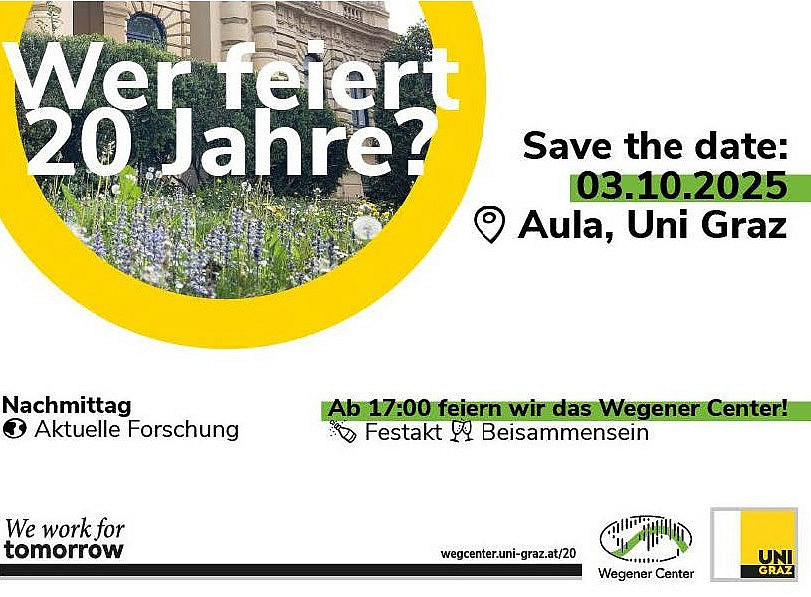 Wer feiert 20 Jahre? Save the date: 03.10.2025; Aula, Uni Graz; Nachmittag Aktuelle Forschung; Ab 17 Uhr feiern wir das Wegener Center! Festakt mit Beisammensein 