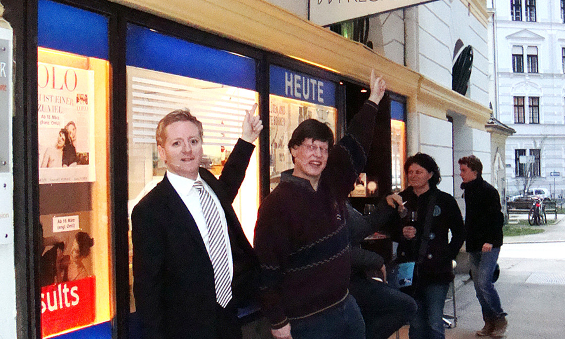 Molekularbiologe Kai-Uwe Fröhlich (links) und Fritz Treiber sorgten für großes Kino. Foto: Uni Graz/Schweiger