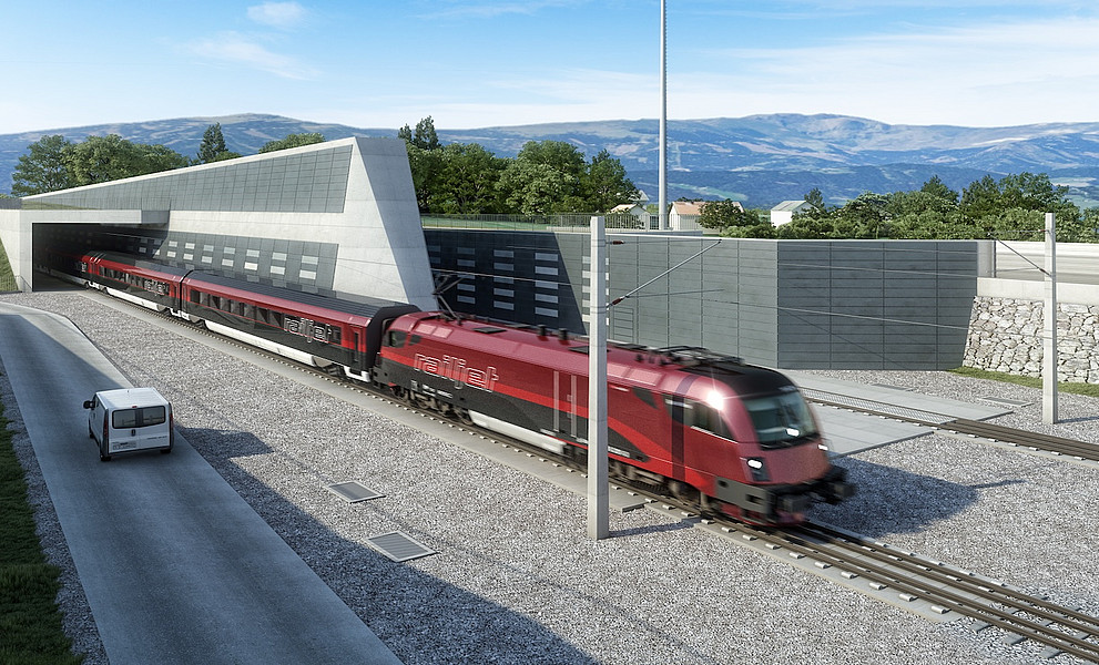 Ansicht eines modernen Zuges, der aus einem Tunnel fährt