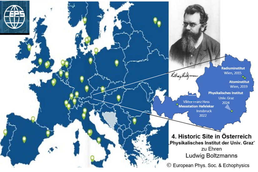 Historically important research sites of the European Physical Society (EPS). Image: European Phys. Soc. & Echophysics