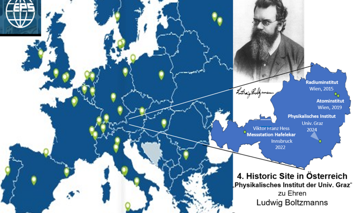 Historische wichtige Forschungsstätten der Europäischen Physikalischen Gesellschaft (EPS). Bild: European Phys. Soc. & Echophysics 