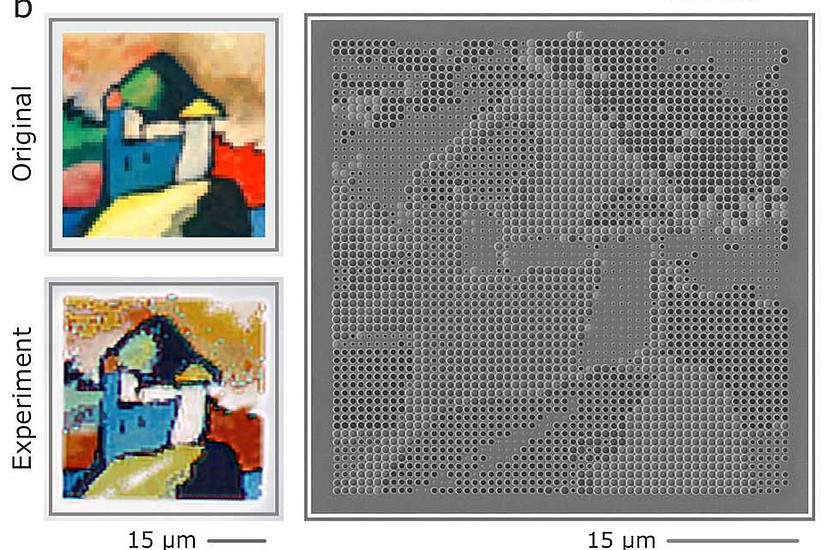Vergleich eines Ausschnitts zwischen Originalwerk und Miniaturreplikation mit SEM-Bild. Bild: Univ. Stuttgart/Mario Hentschel