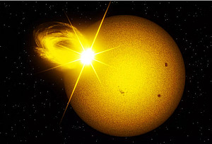 Sonne mit einer Sonneneruption ©MPS/Alexey Chizhik Ein heller, explodierender Stern (Supernova), der bei der Interaktion mit einem großen gelben Stern im Weltraum intensives Licht und Energie ausstrahlt, umgeben von einem Sternenfeld. ©MPS/Alexey Chizhik