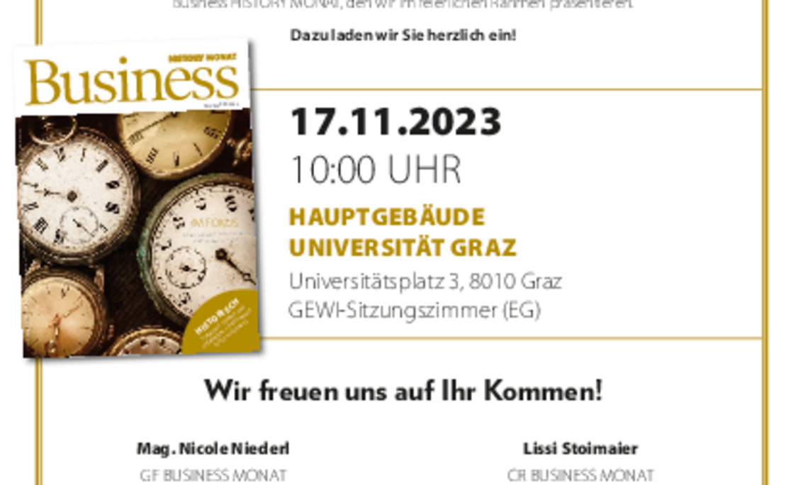 Die Präsentation der heurigen Ausgabe des Business MONAT HISTORY findet am 17. November im GEWI-Sitzungszimmer statt.