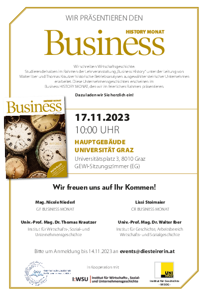 Die Präsentation der heurigen Ausgabe des Business MONAT HISTORY findet am 17. November im GEWI-Sitzungszimmer statt. 