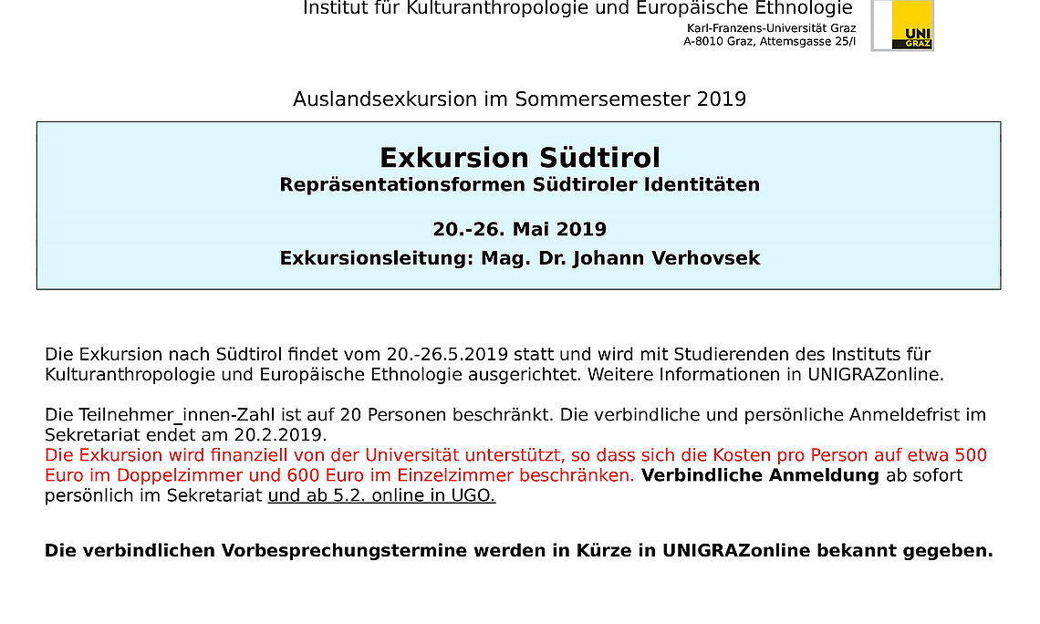 Exkursion Südtirol: 20.-26.5.2018
