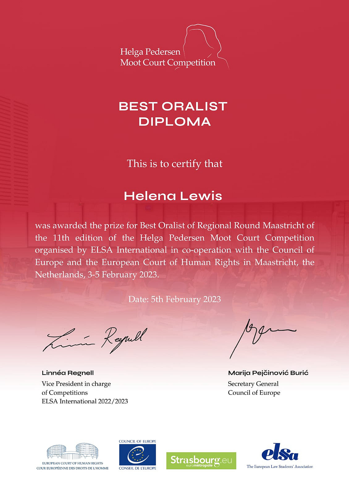 Best Oralist Award Helena Leigh Lewis 