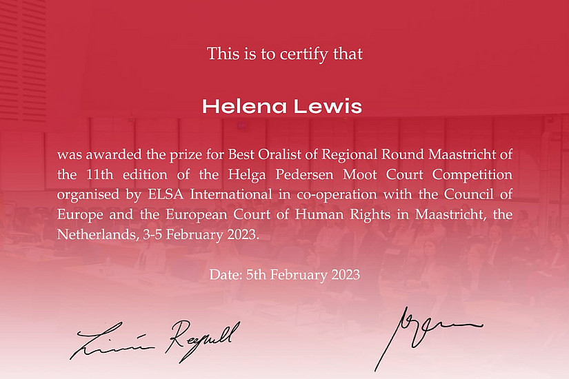Best Oralist Award Helena Leigh Lewis