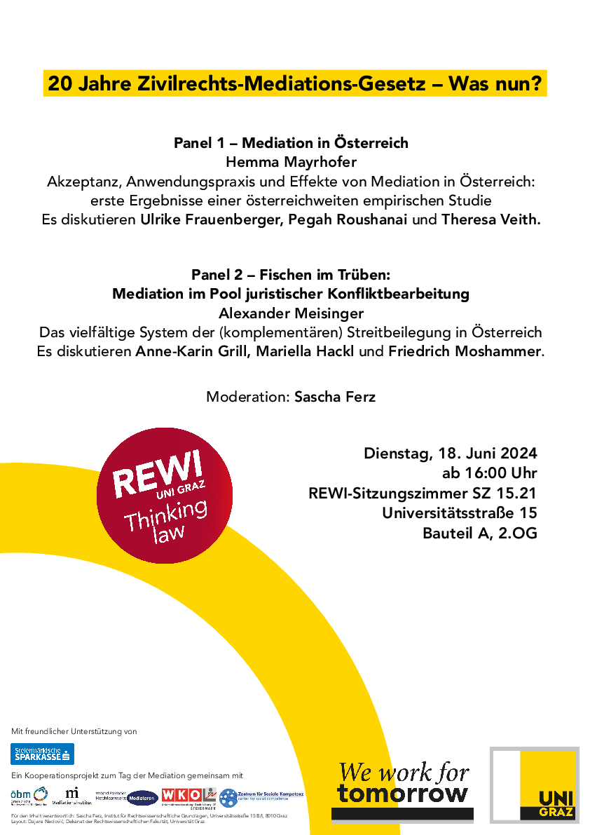 Plakat zur Veranstaltung "20 Jahre Zivilrechts-Mediations-Gesetzt - Was nun?" ZivMediationsG ©Sasha Ferz, Uni Graz