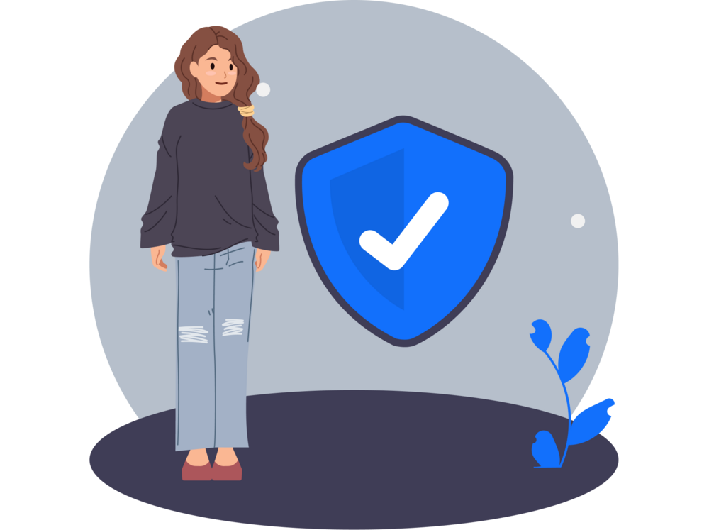 Illustration: Karla steht neben einem großen blauen Wappen mit einem weißen Häkchen in der Mitte. Alles sicher! 