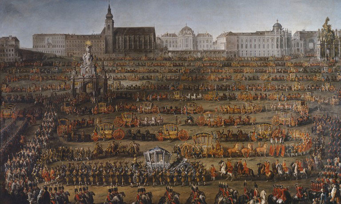 Wenn Habsburger reisten, taten sie es lange Zeit mit großem Pomp: Hier zu sehen ist der feierliche Einzug von Isabella von Parma in Wien zur Hochzeit mit Joseph II. im Jahr 1760. Gemälde von Martin van Meytens. Foto: Wikimedia Commons. 