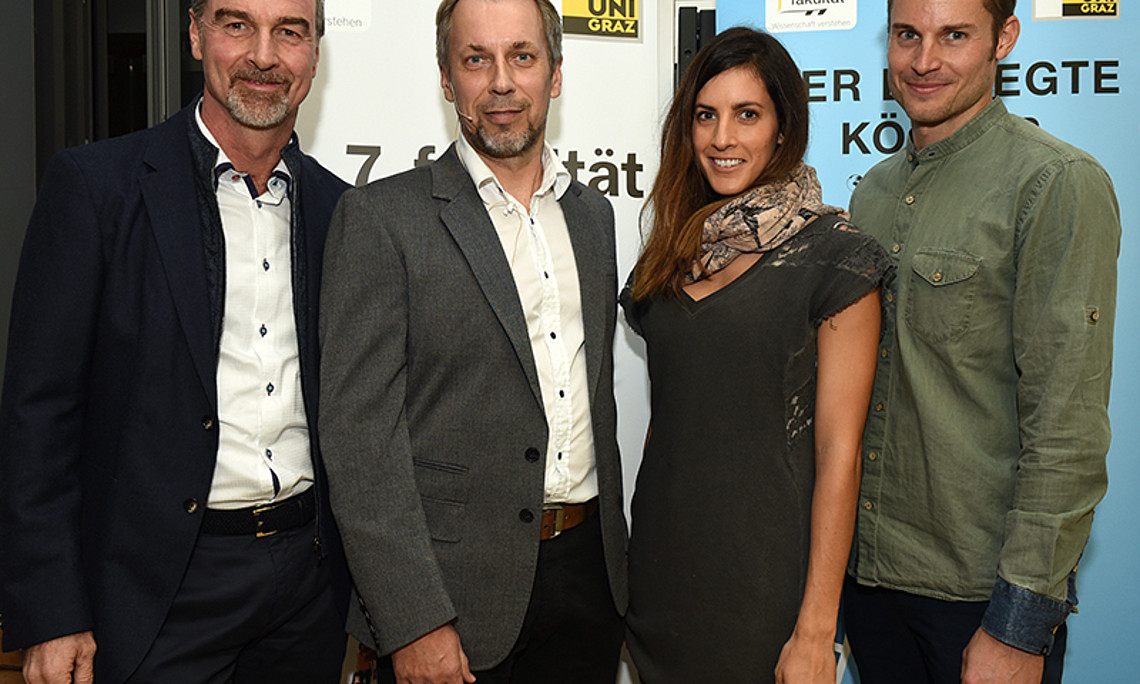 Sporternährung bewegte Podium und Publikum: Manfred Lamprecht, Gerhard Tschakert, Julia Dujmovits und Stefan Spirk (v. l.) Foto: Uni Graz/Schweiger 