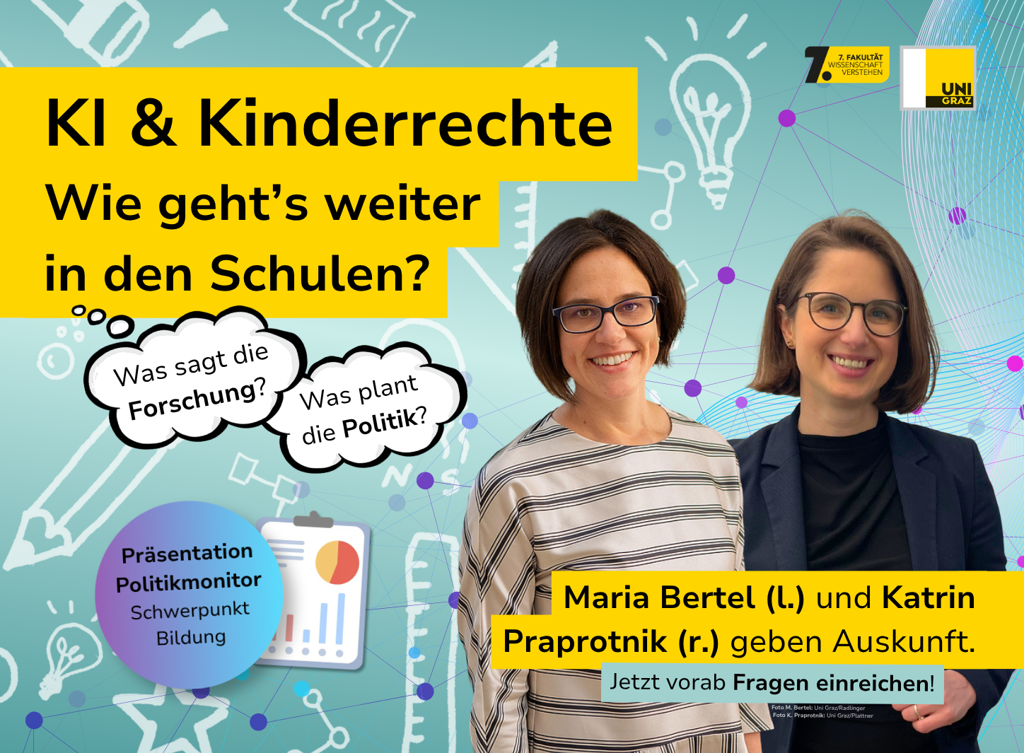Wir werfen einen genauen Blick aufs Thema KI & Kinderrechte – inkl. Präsentation neuester Daten aus dem Uni-Graz-Politikmonitor | Grafik: Canva/Hofbauer 