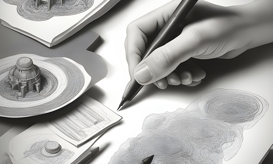 KI-generierte Zeichnung einer Hand, die mit einem Stift Linien auf Papier surrealistische Grafiken auf Papier zeichnet