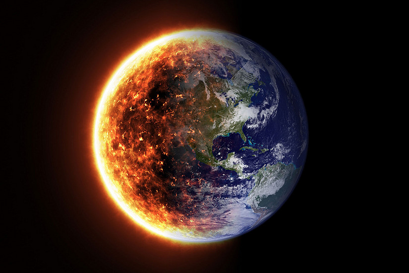 Earth globe, left half reddish coloured