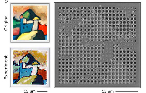 Comparison of a detail in Kandinski's original and its replication together with an SEM image of the structure.