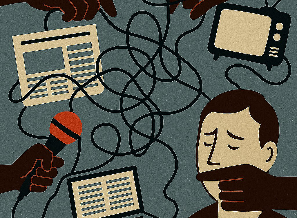 This illustration depicts a person with a concerned expression, whose mouth is being covered by a hand, symbolizing censorship or silencing. Surrounding the person are various media-related objects: a newspaper, a microphone, a laptop, and a television ©@ Irina Milutinovic KI generiert