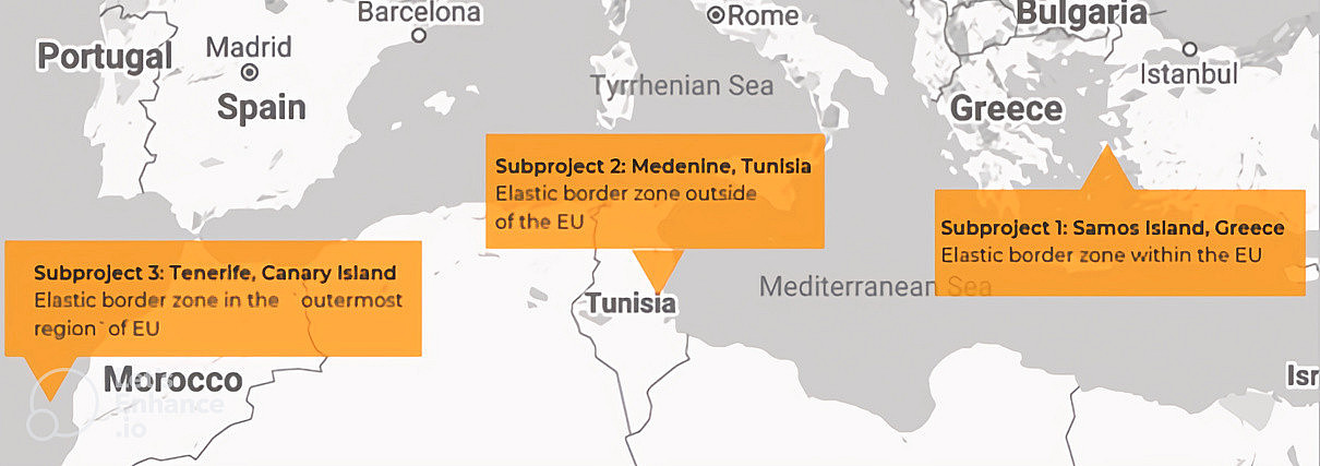 map of case studies in Samos, Tunisia, and the Canary Islands ©Graphic: Ramone Pape and Bilgin Ayata