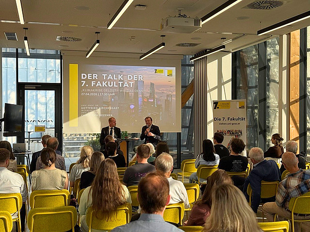 Blick aus dem Publikum auf Gottfried Kirchengast und Christoph Bezemek während des Talks „Klimakrise gelöst – Wie das denn?“ der 7. Fakultät an der Universität Graz. ©Uni Graz/Plattner