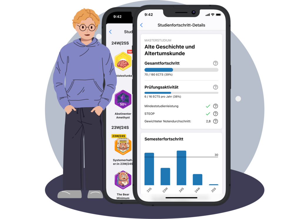 Illustration: Franz ist ziemlich lässig neben den App-Screens für den Studienfortschritt und die Badges. 