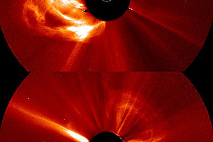 Ein extremer Sonnensturm, aufgenommen aus zwei verschiedenen Perspektiven mit Raumsonden der NASA STEREO Mission. Die Bilder zeigen die Stürme als helle Erscheinungen in der Korona der Sonne. WissenschafterInnen ist es nun erstmals gelungen, die Entstehu