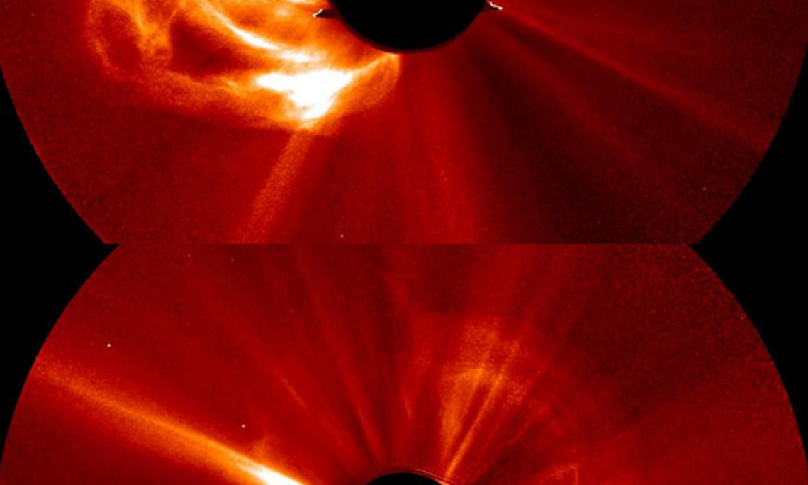 Ein extremer Sonnensturm, aufgenommen aus zwei verschiedenen Perspektiven mit Raumsonden der NASA STEREO Mission. Die Bilder zeigen die Stürme als helle Erscheinungen in der Korona der Sonne. WissenschafterInnen ist es nun erstmals gelungen, die Entstehu